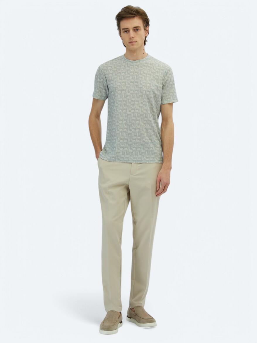 Açık Haki Baskılı Bisiklet Yaka Pamuk Karışımlı T-Shirt - KİP