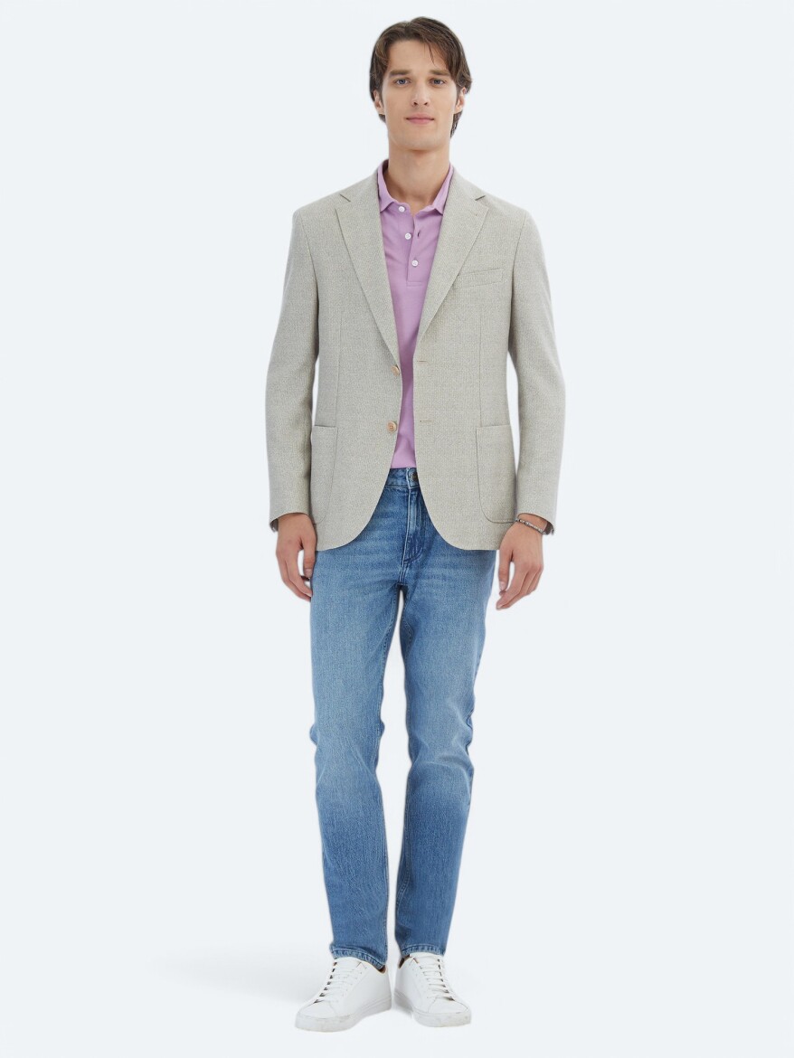 Açık Haki Desenli Modern Fit Keten Karışımlı Ceket - KİP