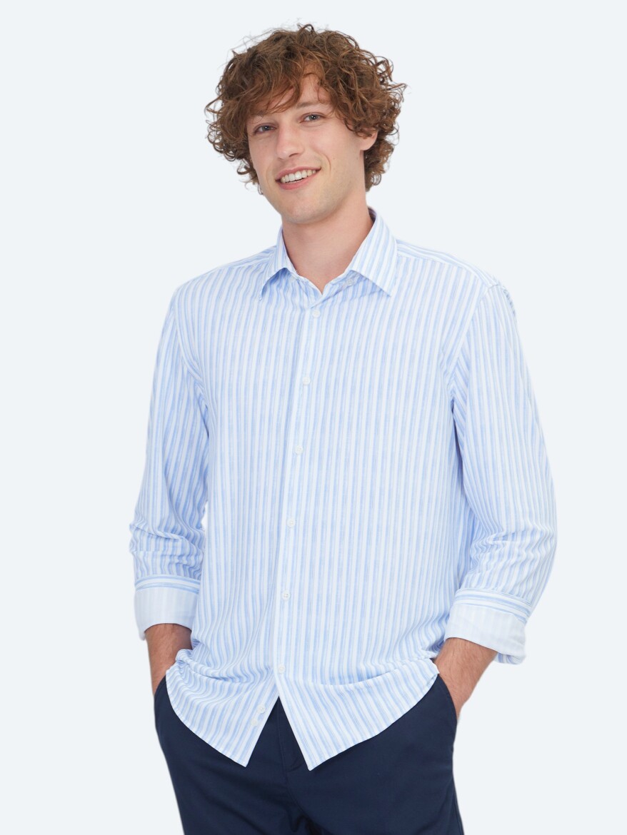 Açık Mavi Çizgili Regular Fit Casual Gömlek - KİP