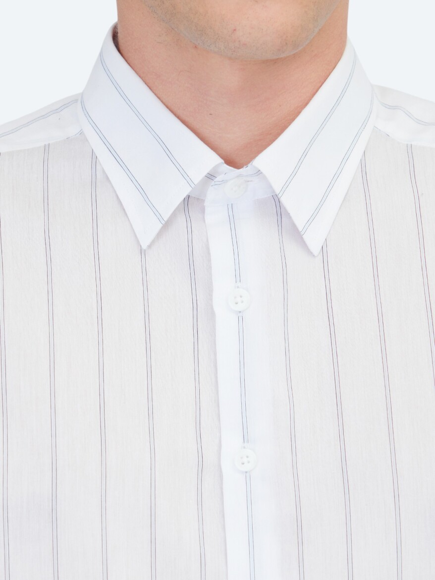 Açık Mavi Çizgili Regular Fit Dokuma Casual Pamuk Karışımlı Gömlek - 4