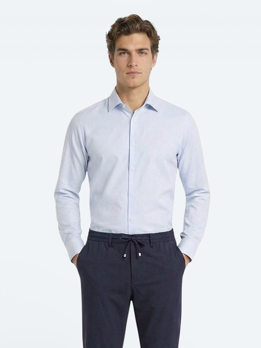 Açık Mavi Düz Slim Fit Dokuma Klasik Pamuk Karışımlı Gömlek - 1