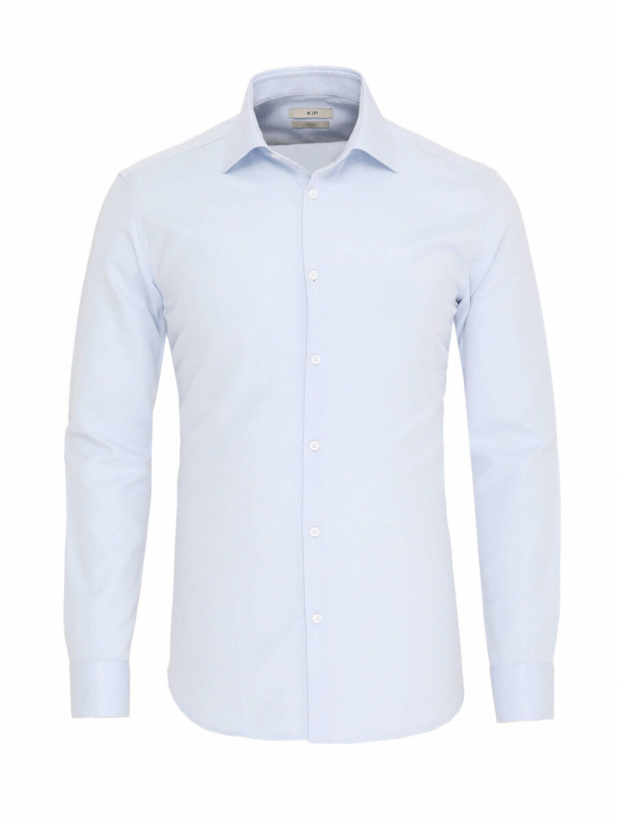 Açık Mavi Düz Slim Fit Dokuma Klasik Pamuk Karışımlı Gömlek - 5