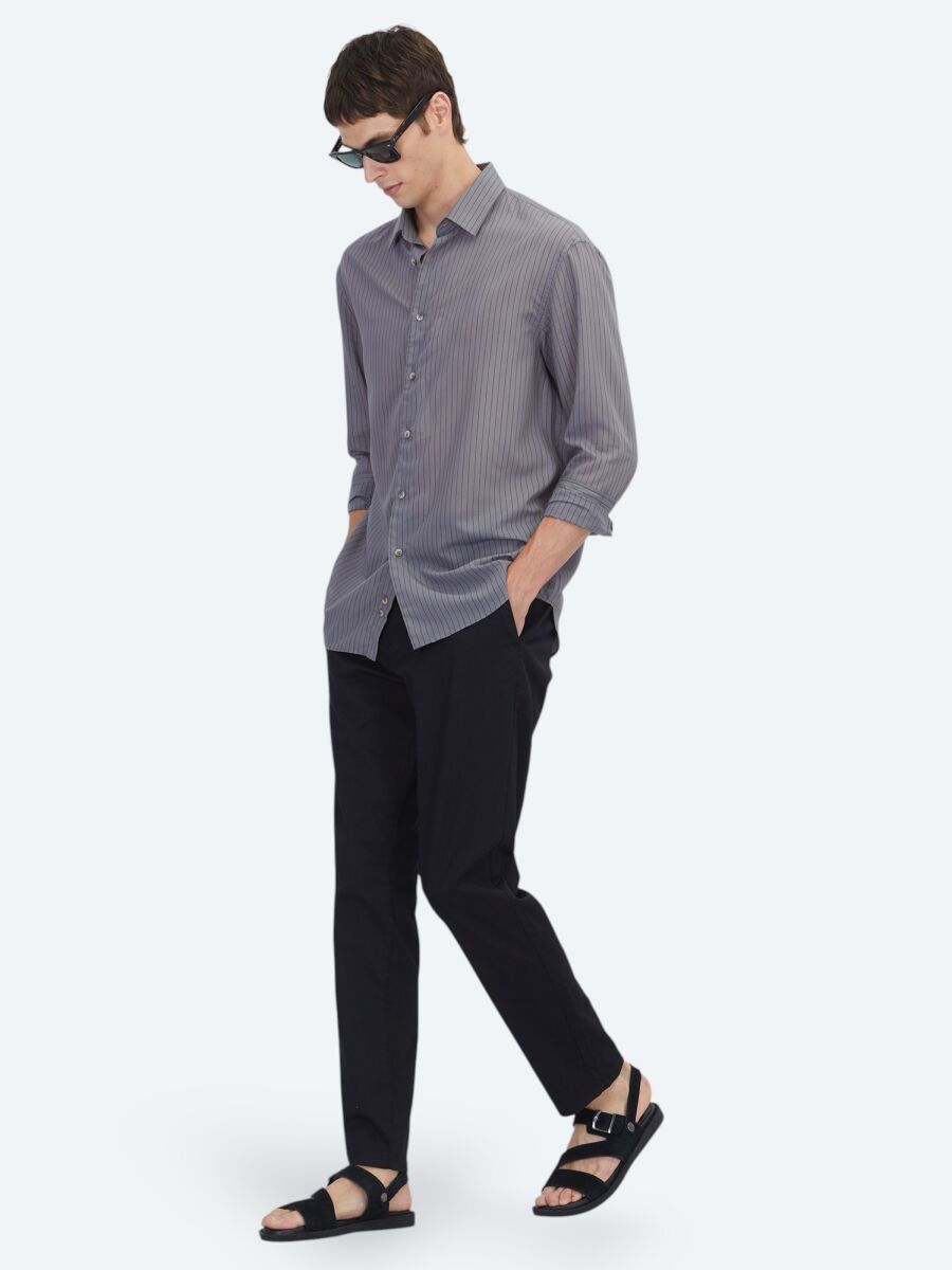 Antrasit Çizgili Oversize Fit Dokuma Casual Gömlek - 2