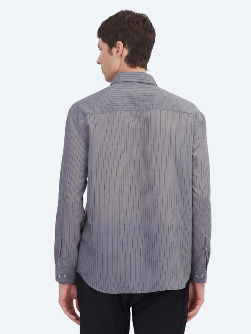Antrasit Çizgili Oversize Fit Dokuma Casual Gömlek - 5