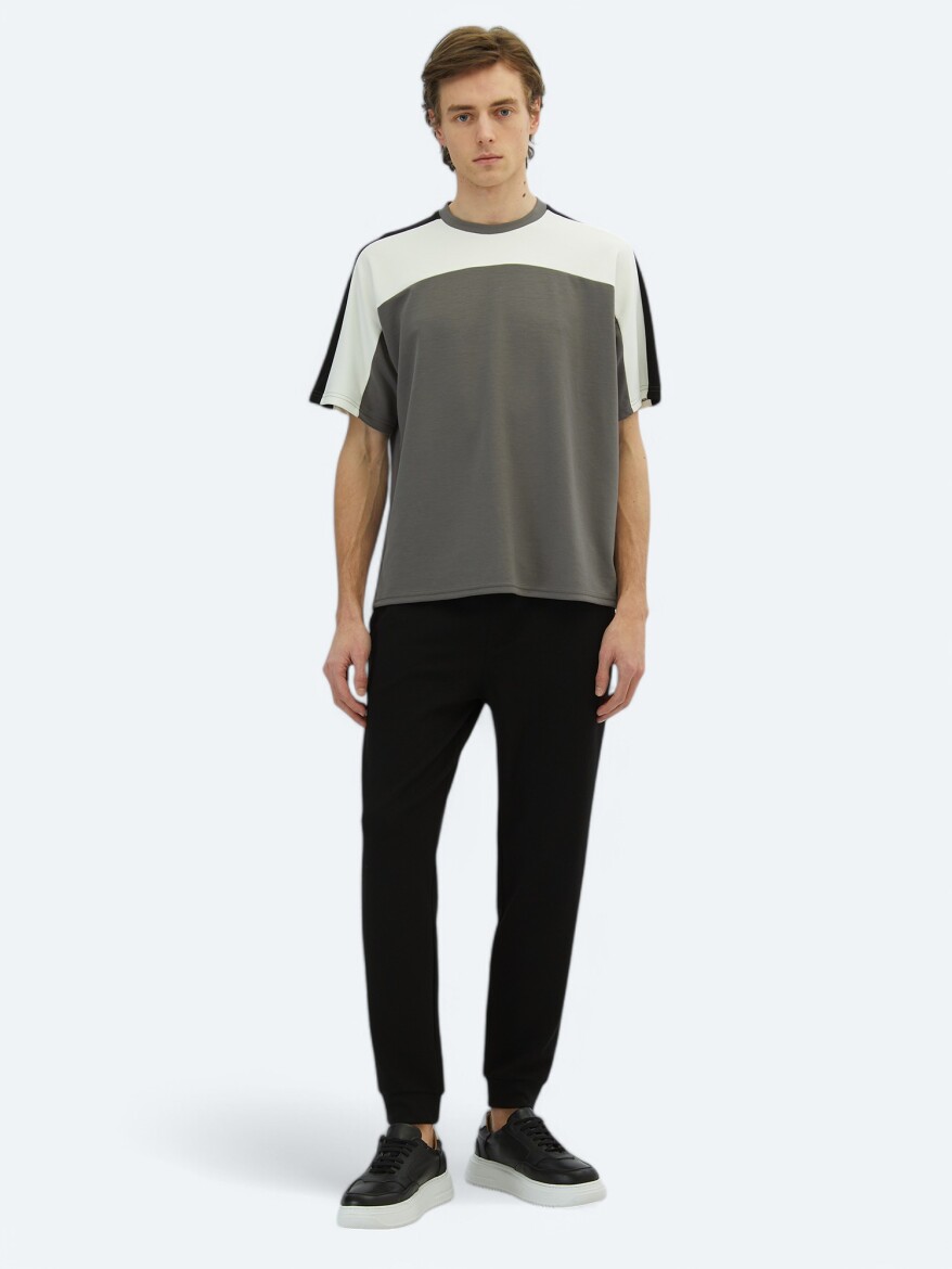 Antrasit Düz Bisiklet Yaka T-Shirt - 3