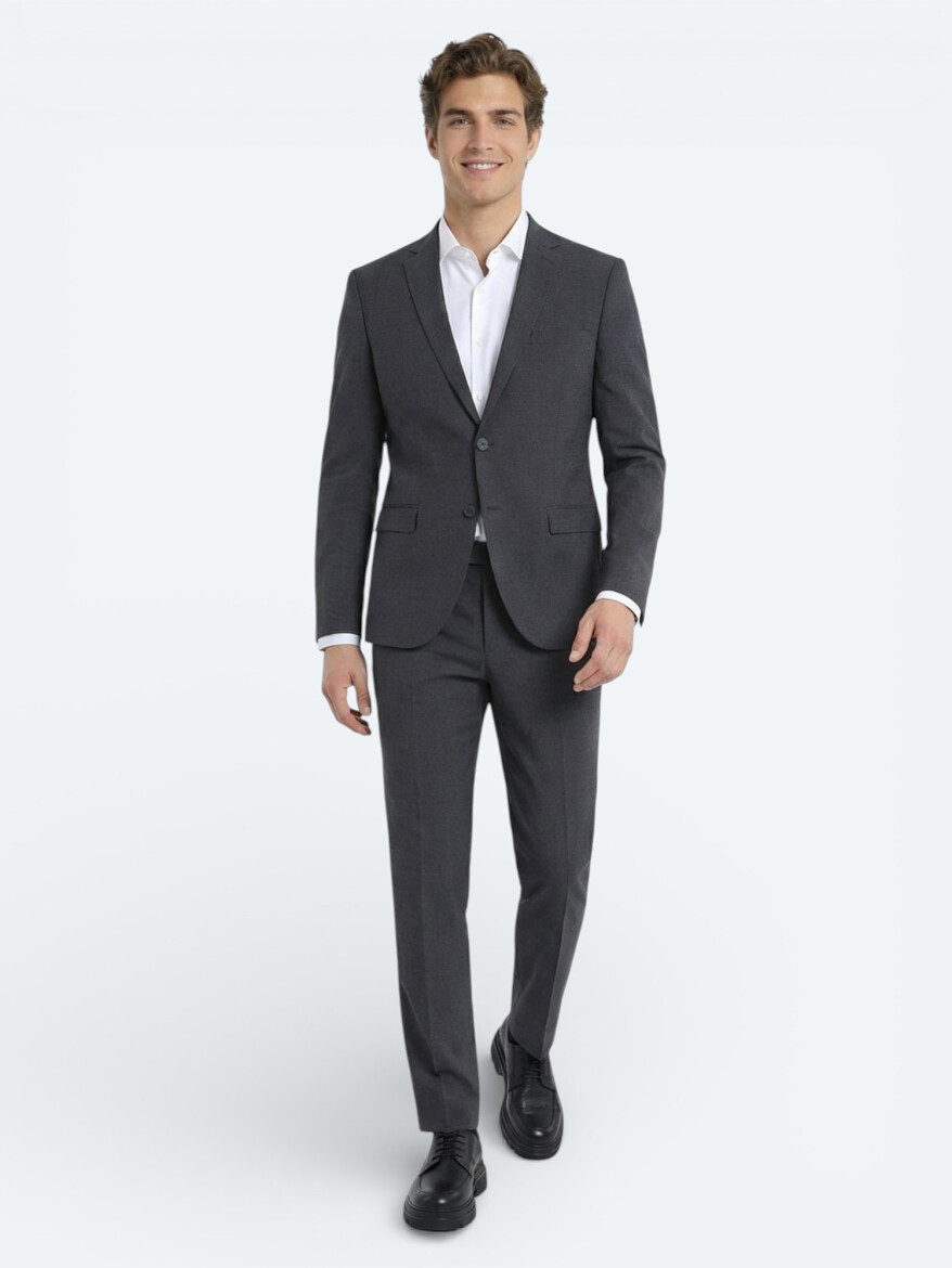 Antrasit Düz Slim Fit Yün Karışımlı Takım Elbise - 1