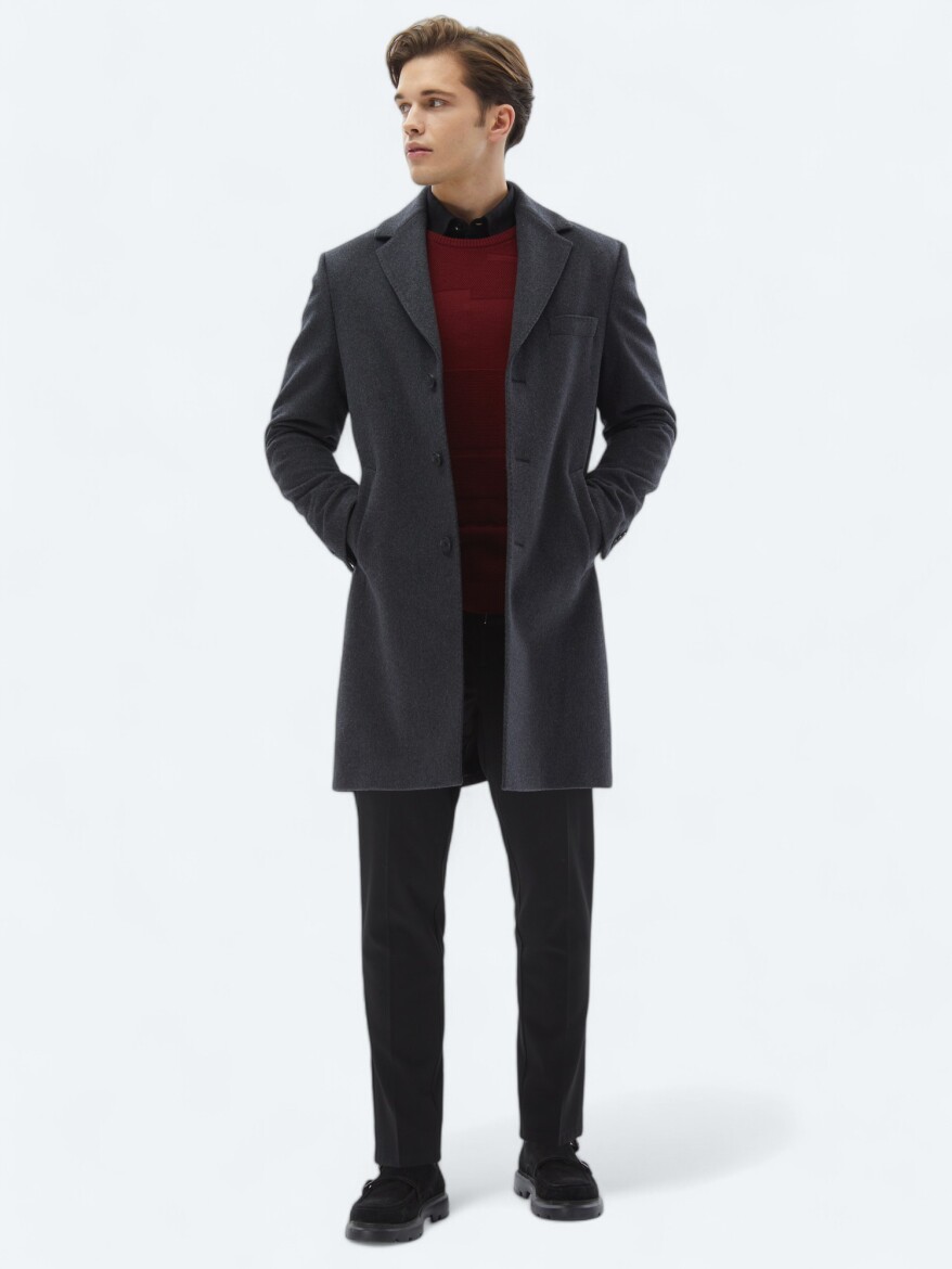 Antrasit Regular Fit Kruvaze Yaka Casual Dokuma Palto - KİP
