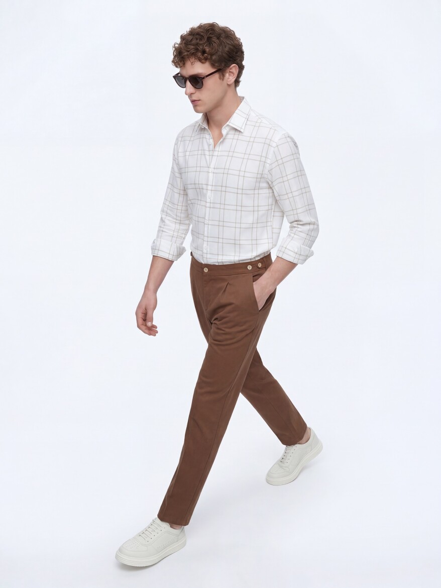 Beige Checkered Regular Fit Weaving Casual Shirt - 4