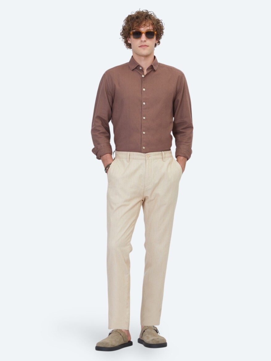 Beige Material Jogging Fit Casual 100% Cotton Trousers - KİP