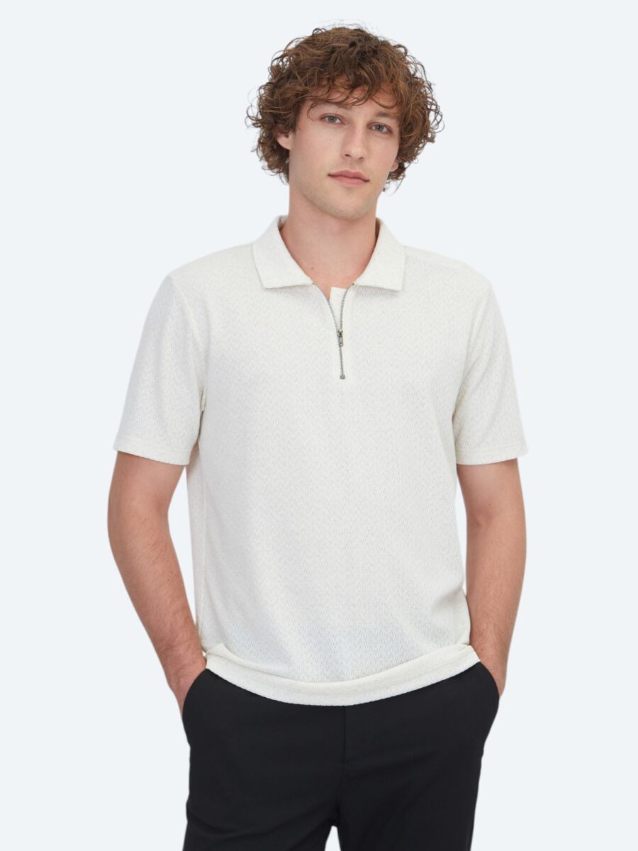 Beige Patterned Cotton Blended T-Shirt - 1