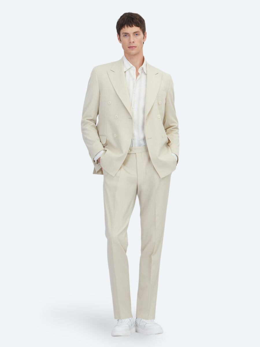 Beige Plain Modern Fit Suit - 2
