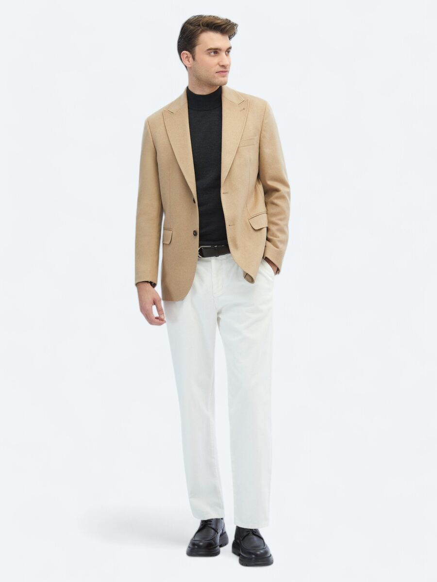 Beige Plain Modern Fit Wool Blended Jacket - 2