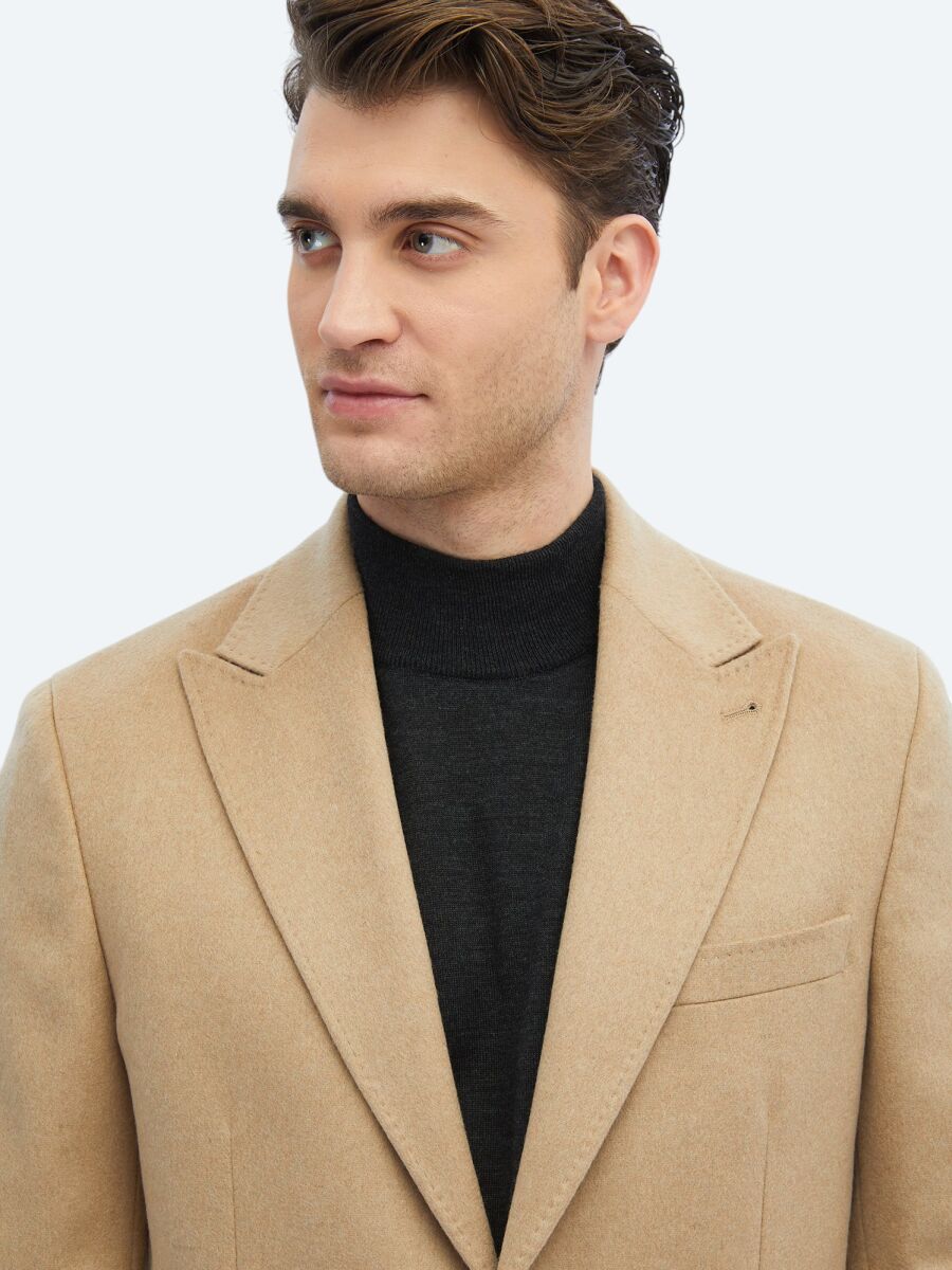 Beige Plain Modern Fit Wool Blended Jacket - 3