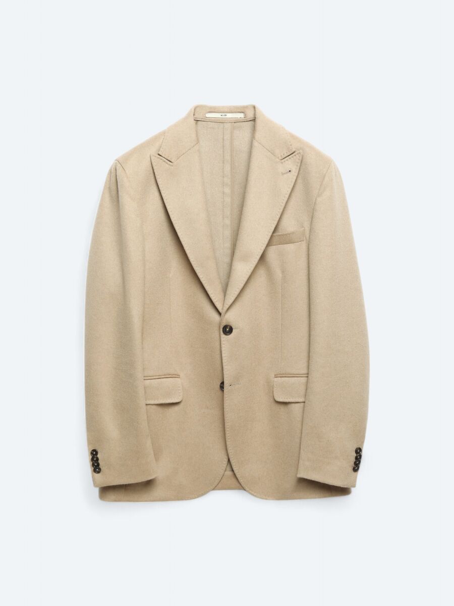 Beige Plain Modern Fit Wool Blended Jacket - 6