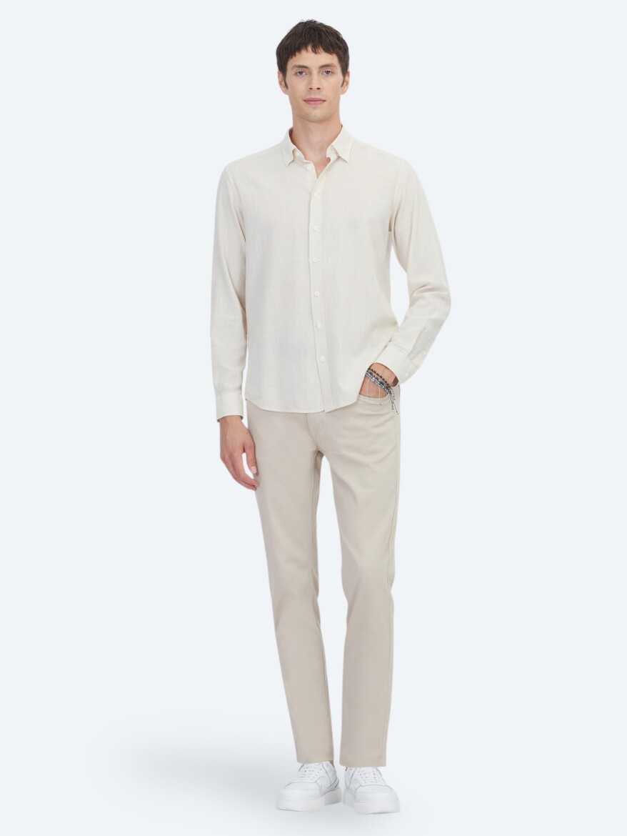 Beige Plain Regular Fit Weaving Casual 100% Cotton Shirt - 2