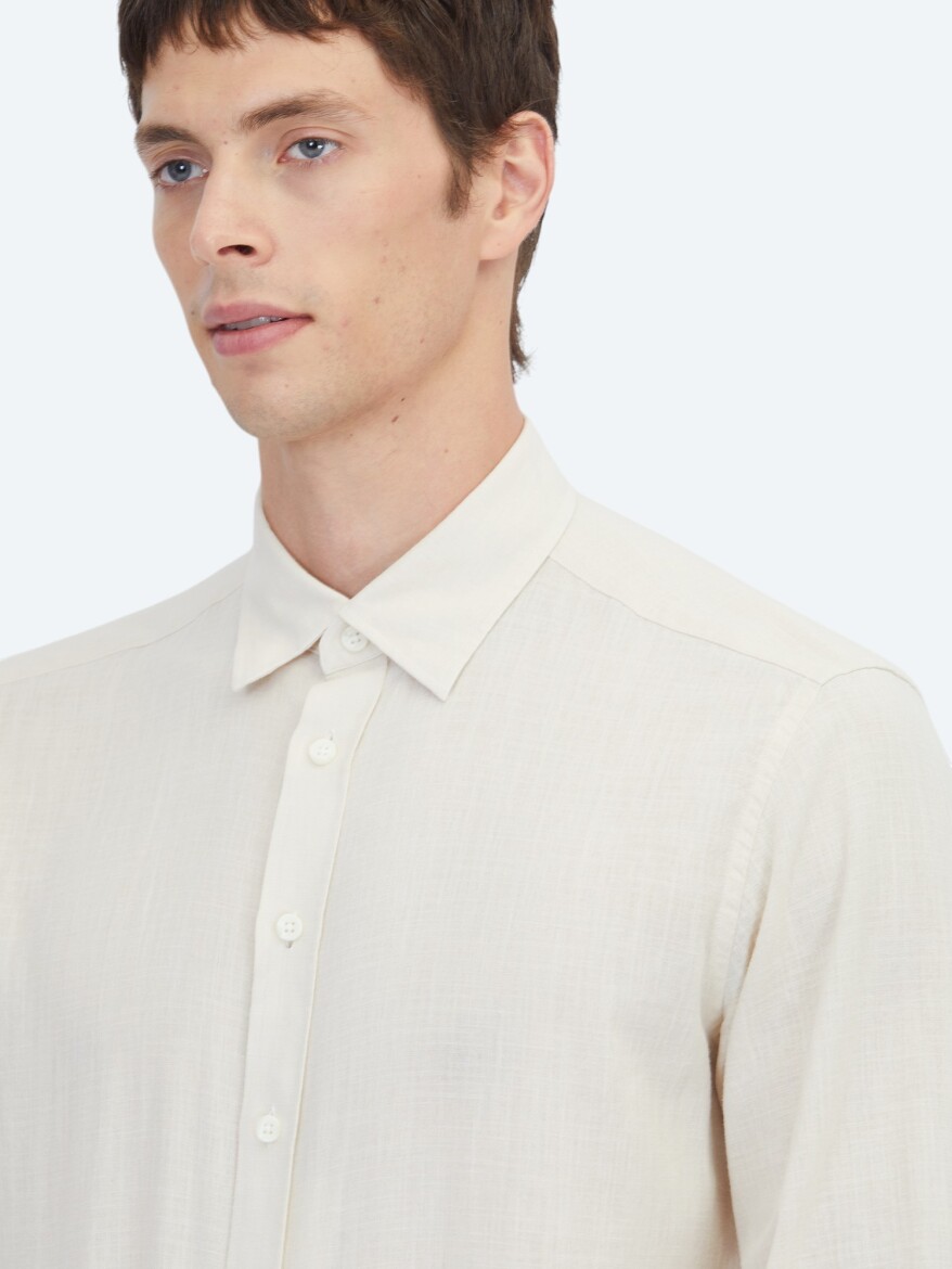 Beige Plain Regular Fit Weaving Casual 100% Cotton Shirt - 3