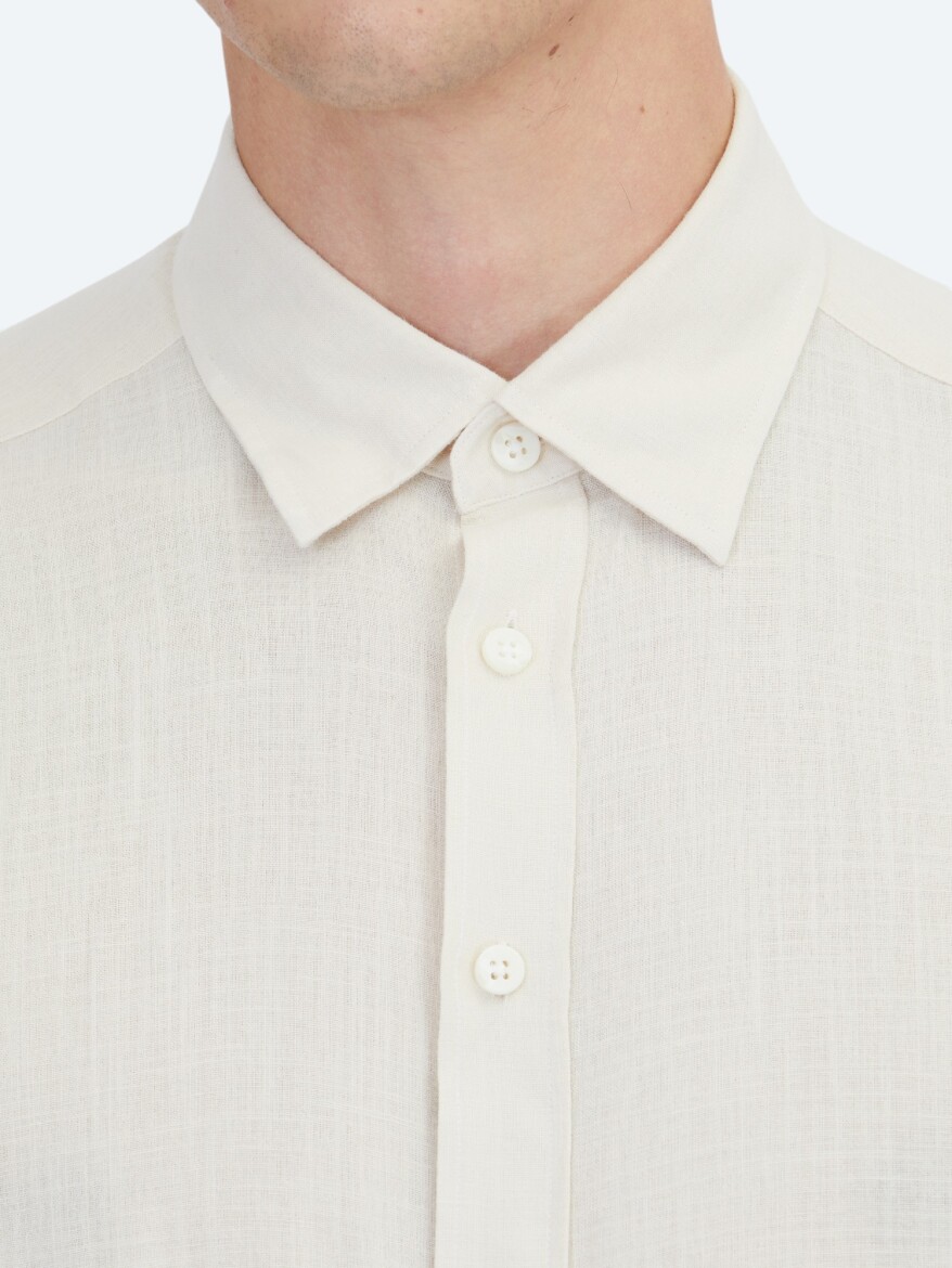 Beige Plain Regular Fit Weaving Casual 100% Cotton Shirt - 4