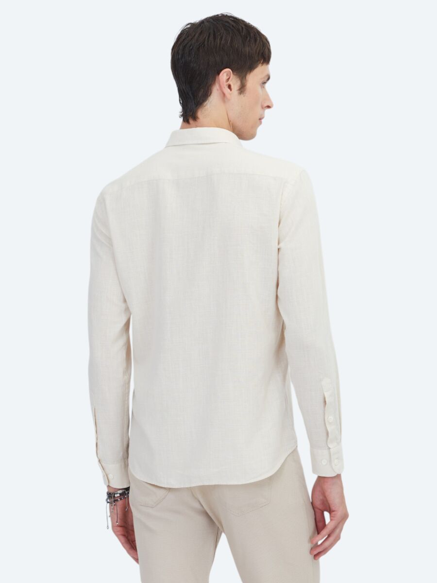 Beige Plain Regular Fit Weaving Casual 100% Cotton Shirt - 5