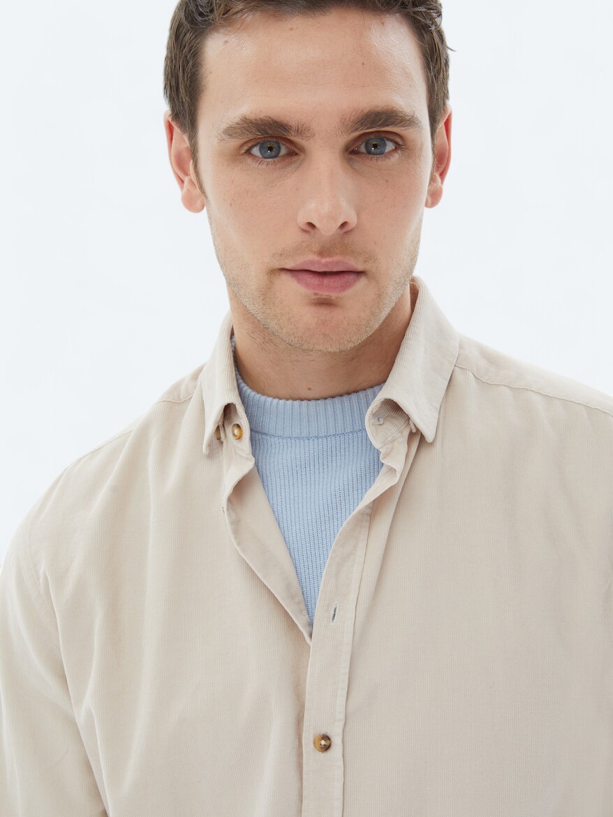 Beige Ribbed Regular Fit Weaving Casual 100% Cotton Shirt 