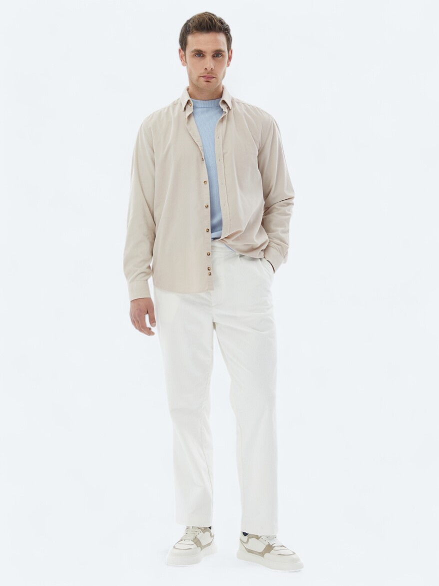 Beige Ribbed Regular Fit Weaving Casual 100% Cotton Shirt - 3