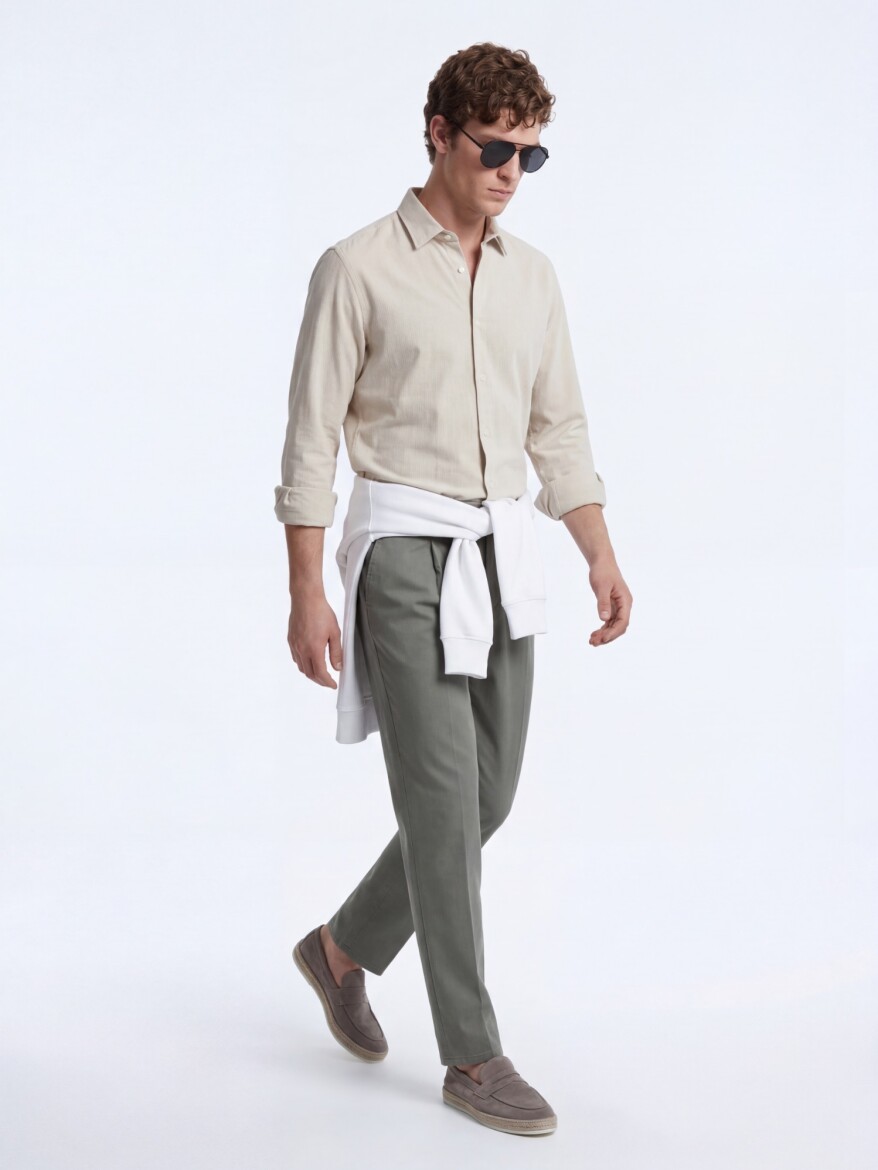 Beige Striped Regular Fit Weaving Casual Shirt - 1