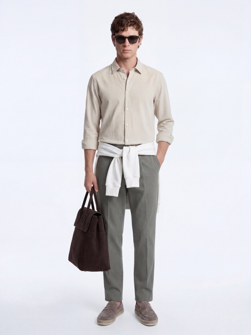 Beige Striped Regular Fit Weaving Casual Shirt 