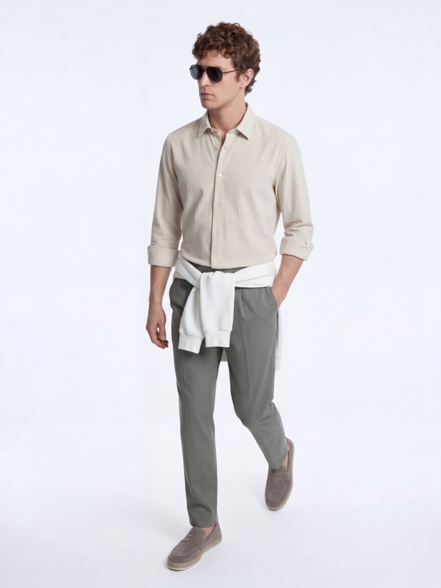 Beige Striped Regular Fit Weaving Casual Shirt - 4