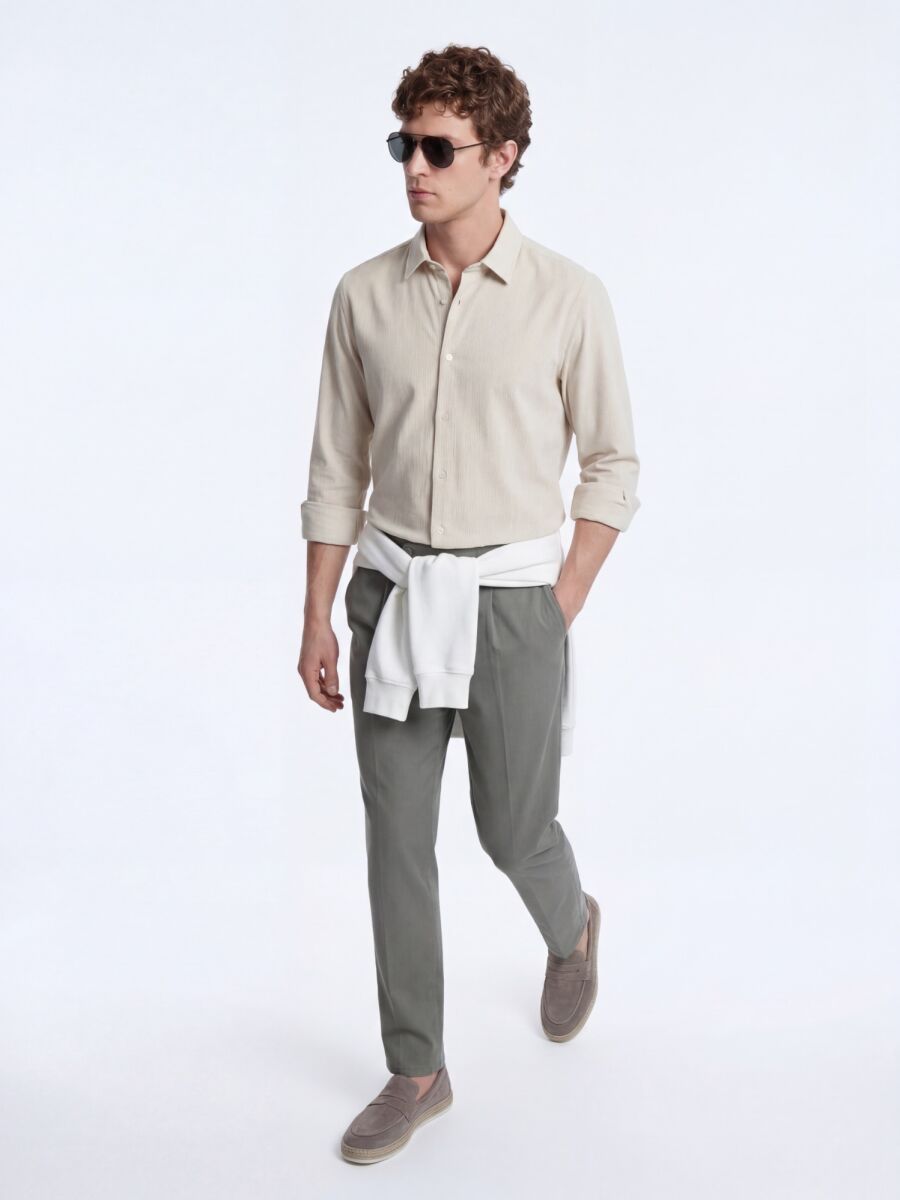 Beige Striped Regular Fit Weaving Casual Shirt - 4