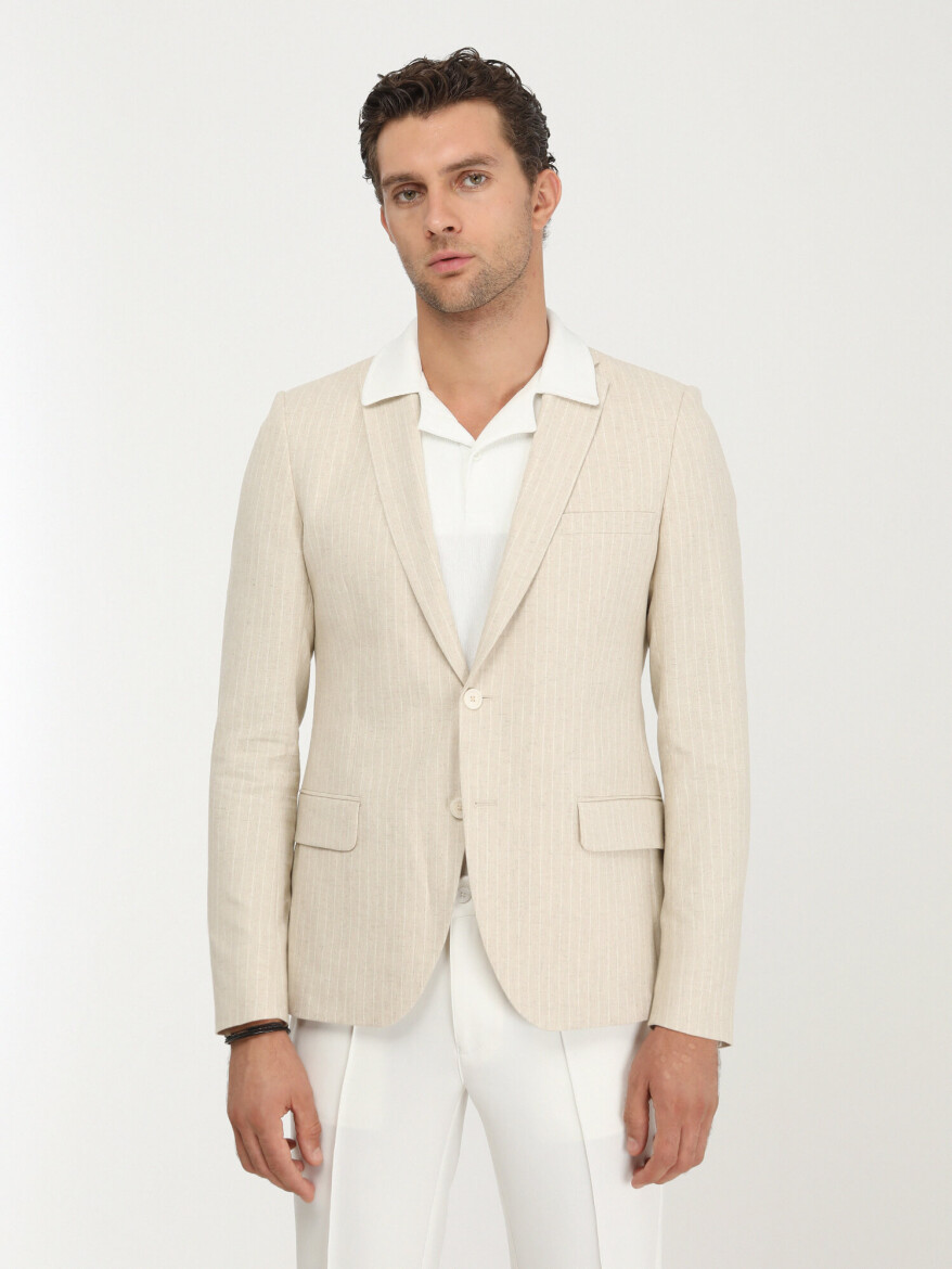Beige Striped Slim Fit Cotton Blended Jacket - 1
