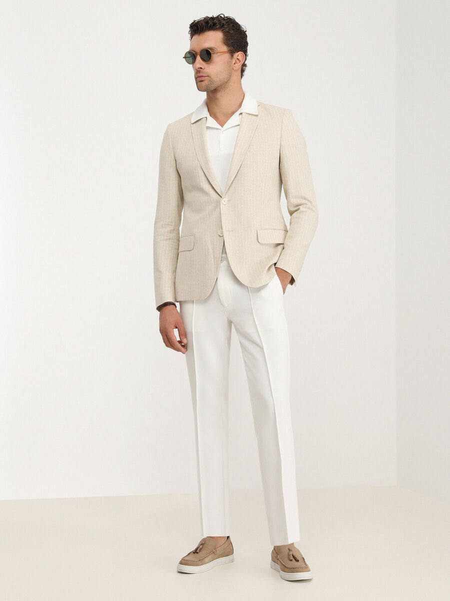 Beige Striped Slim Fit Cotton Blended Jacket - 2