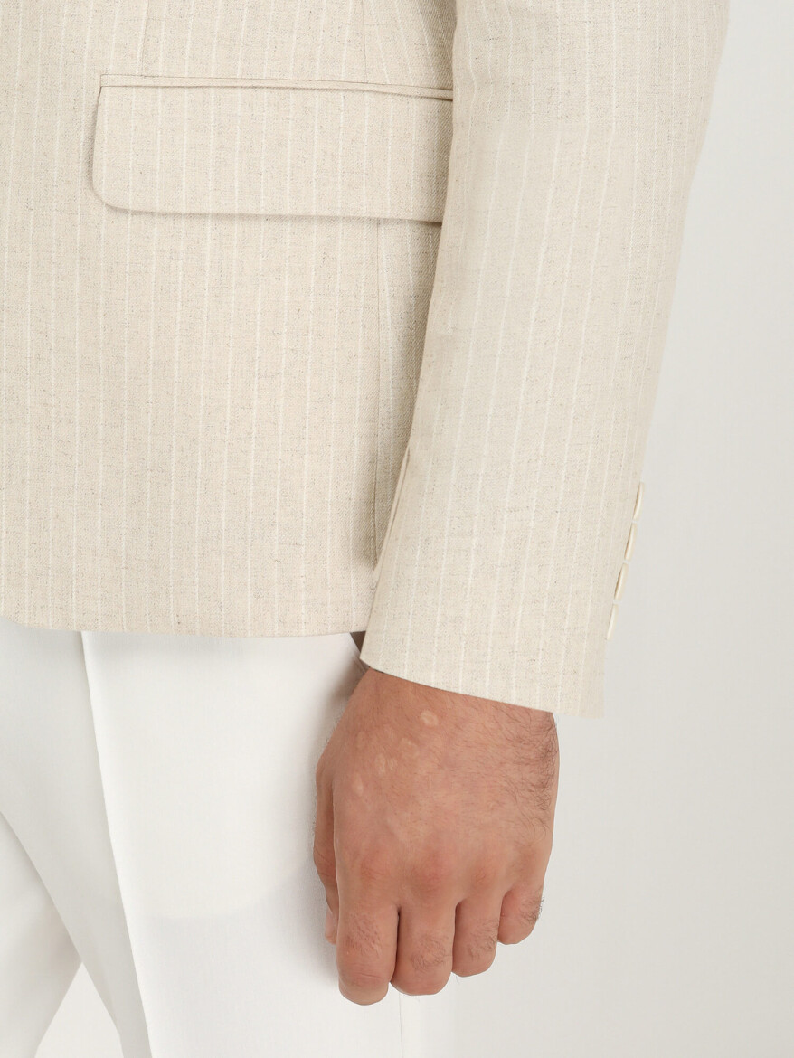 Beige Striped Slim Fit Cotton Blended Jacket - 4