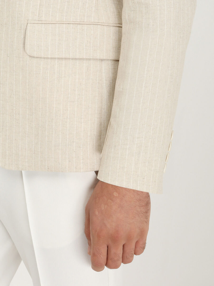 Beige Striped Slim Fit Cotton Blended Jacket - 4