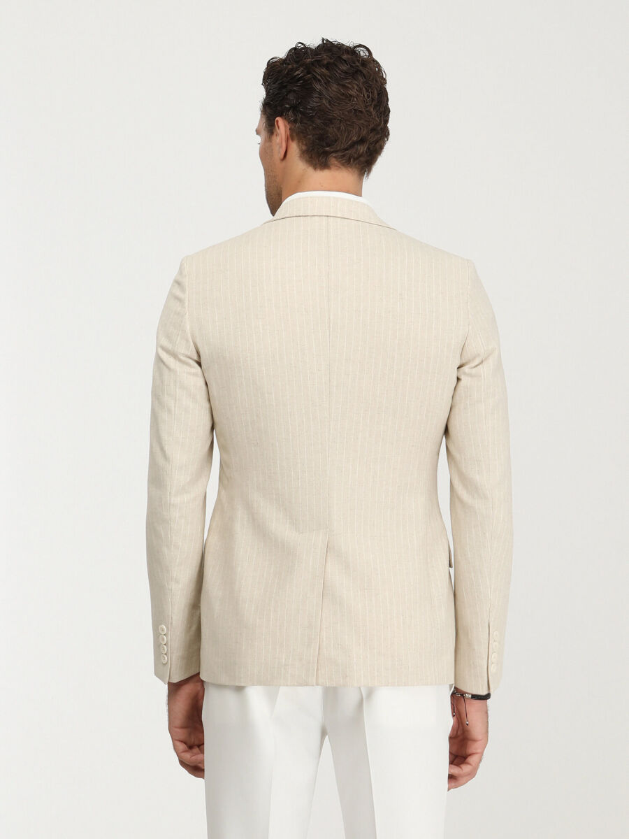 Beige Striped Slim Fit Cotton Blended Jacket - 6