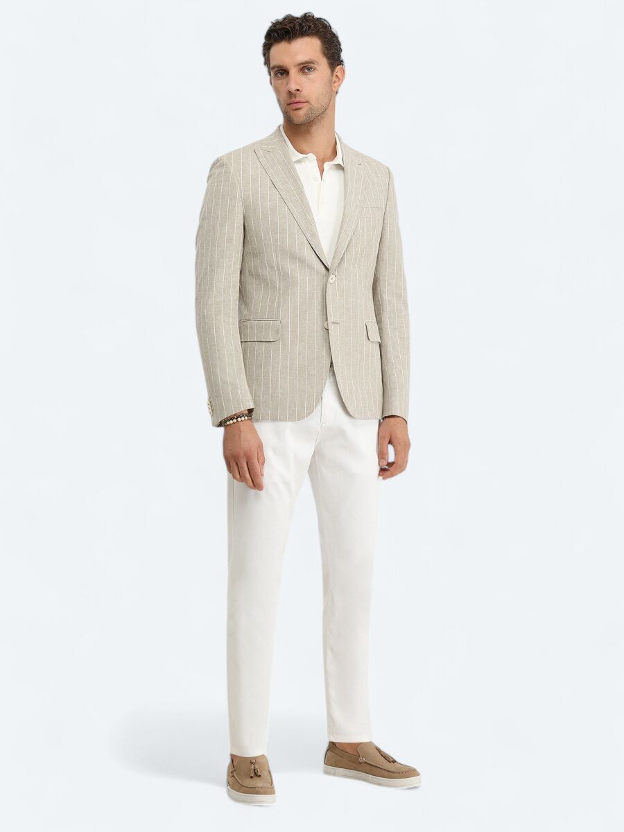 Beige Striped Slim Fit Cotton Blended Jacket - 2