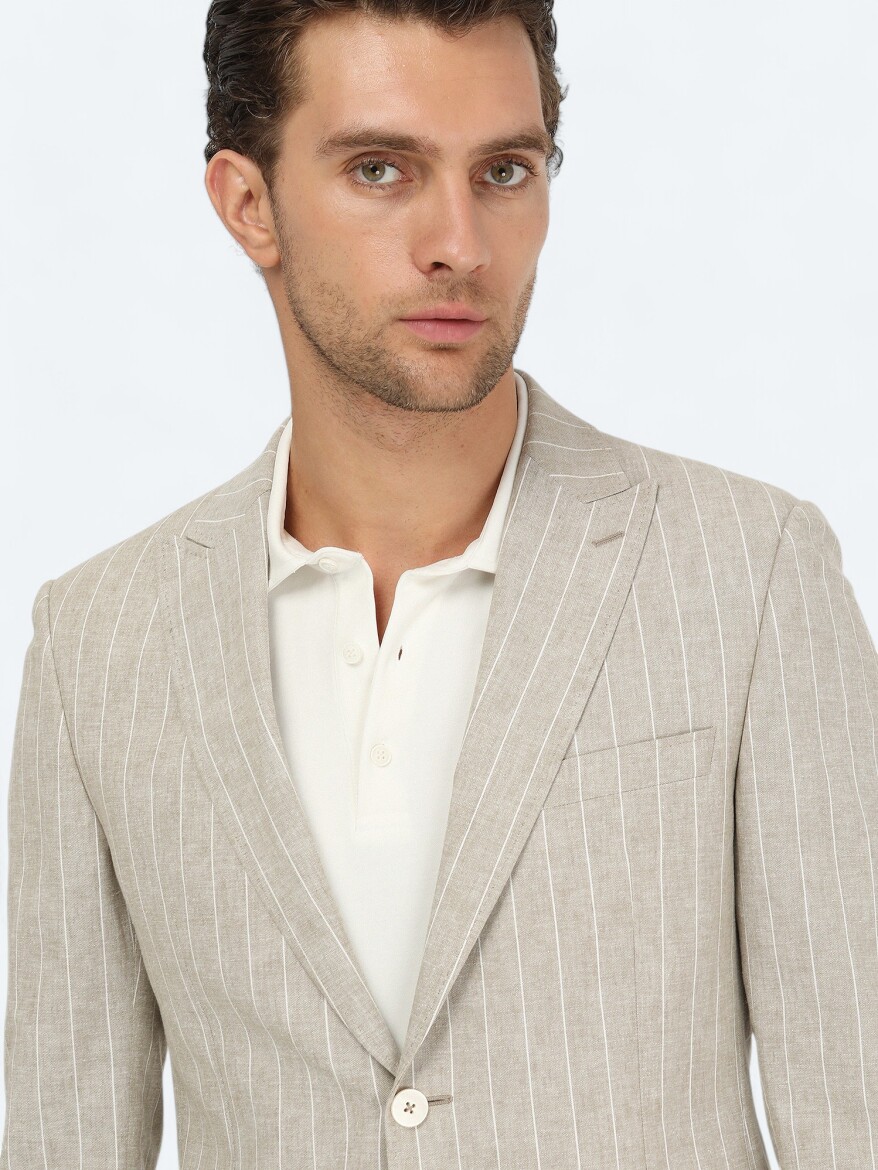Beige Striped Slim Fit Cotton Blended Jacket - 3