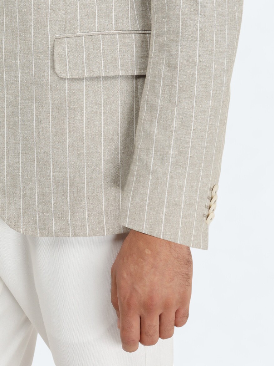 Beige Striped Slim Fit Cotton Blended Jacket - 4
