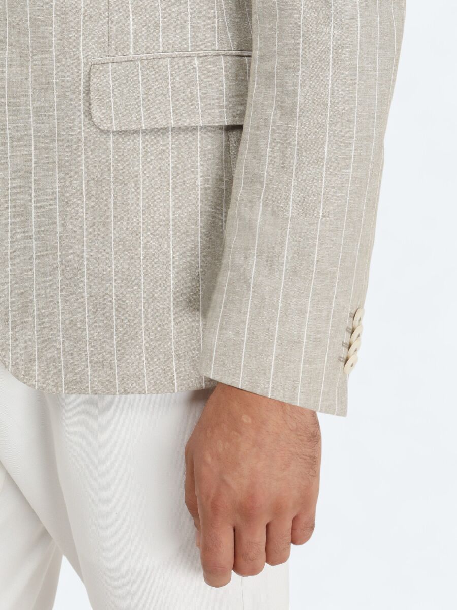Beige Striped Slim Fit Cotton Blended Jacket - 4