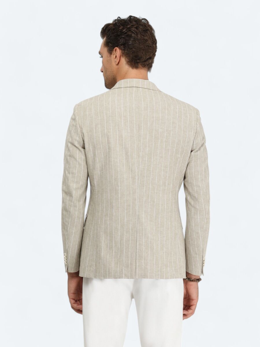 Beige Striped Slim Fit Cotton Blended Jacket - 6