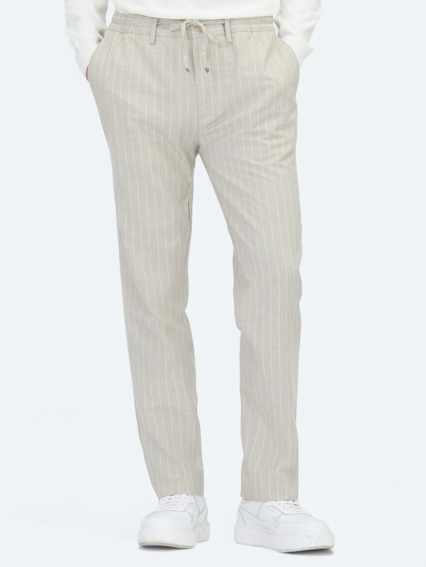 Bej Çizgili Dokuma Jogging Fit Casual Keten Karışımlı Pantolon - KİP