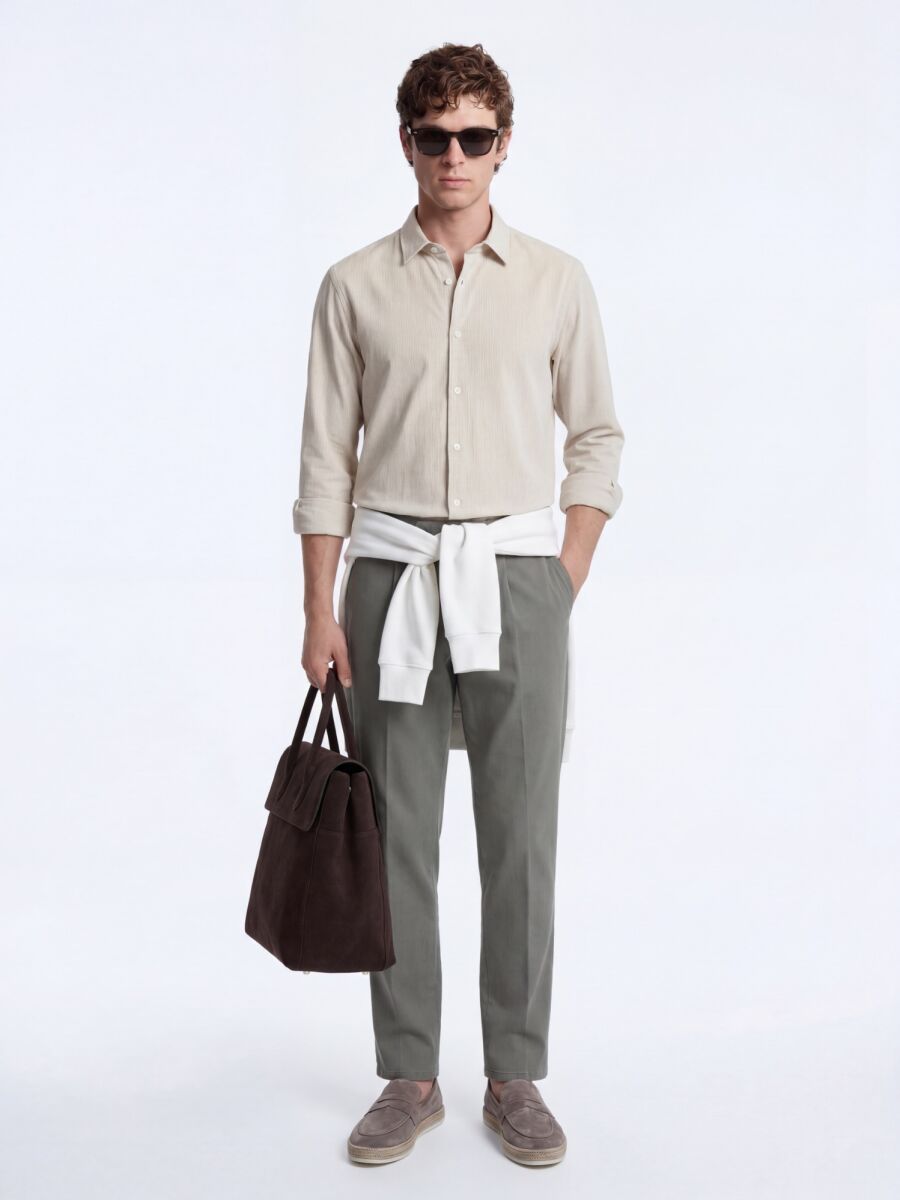 Bej Çizgili Regular Fit Dokuma Casual Gömlek - 2