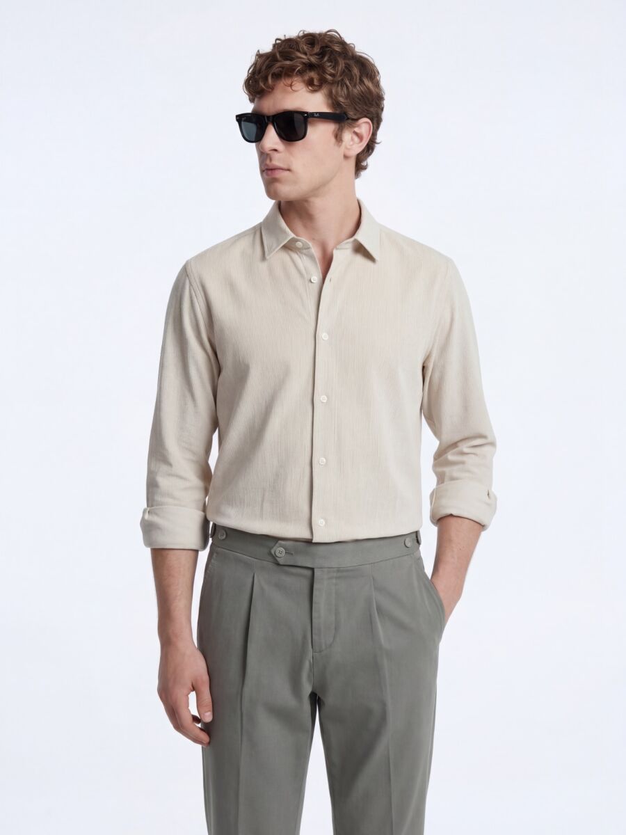 Bej Çizgili Regular Fit Dokuma Casual Gömlek - 3