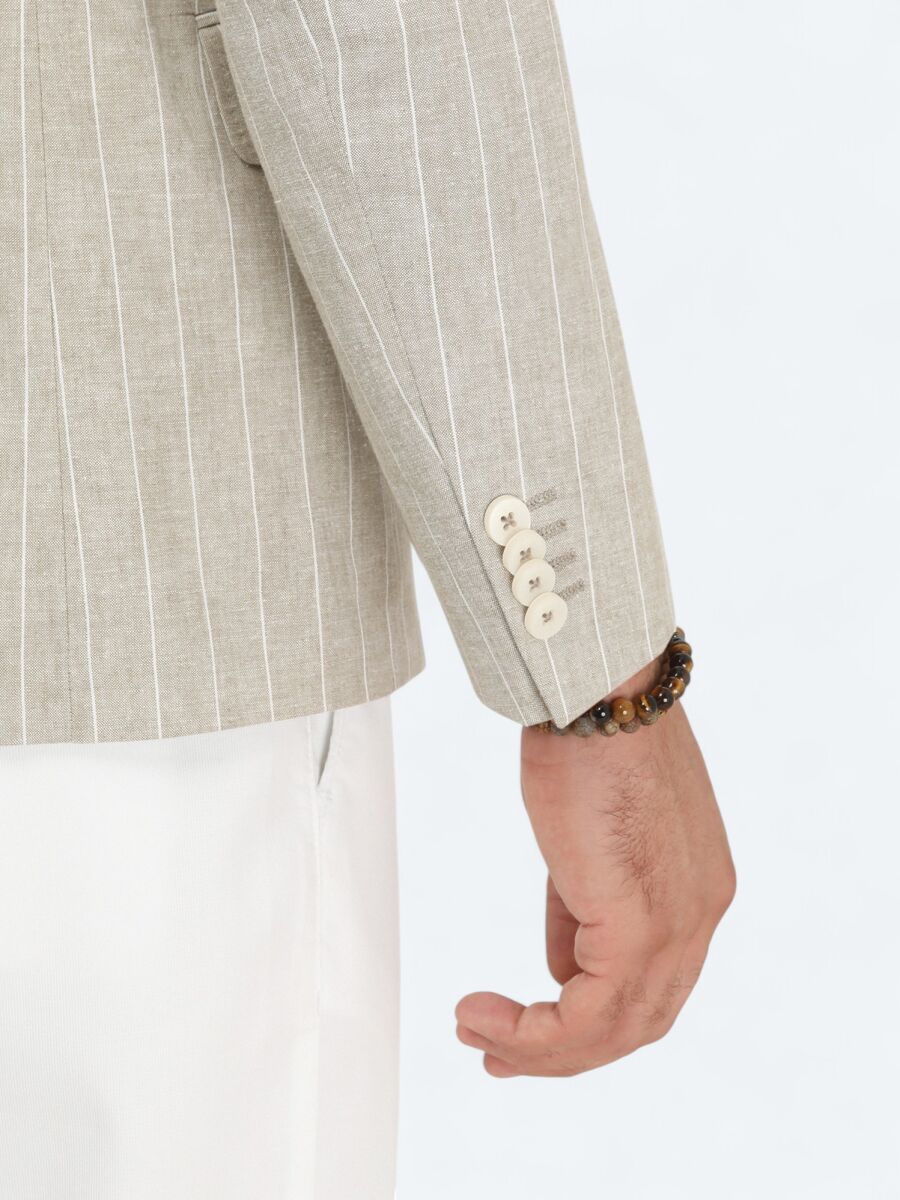 Bej Çizgili Slim Fit Pamuk Karışımlı Ceket - 5