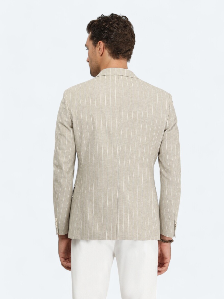 Bej Çizgili Slim Fit Pamuk Karışımlı Ceket - 6