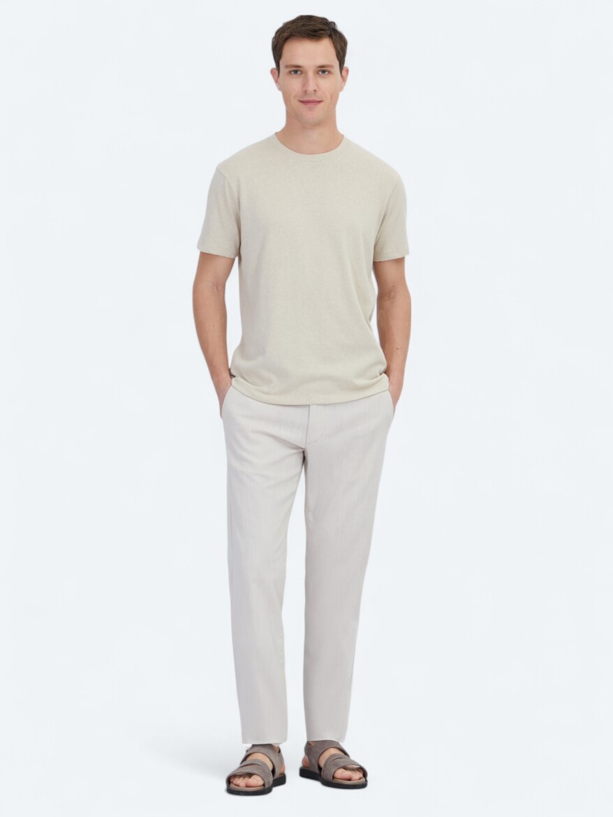 Bej Düz Bisiklet Yaka Pamuk Karışımlı T-Shirt - KİP