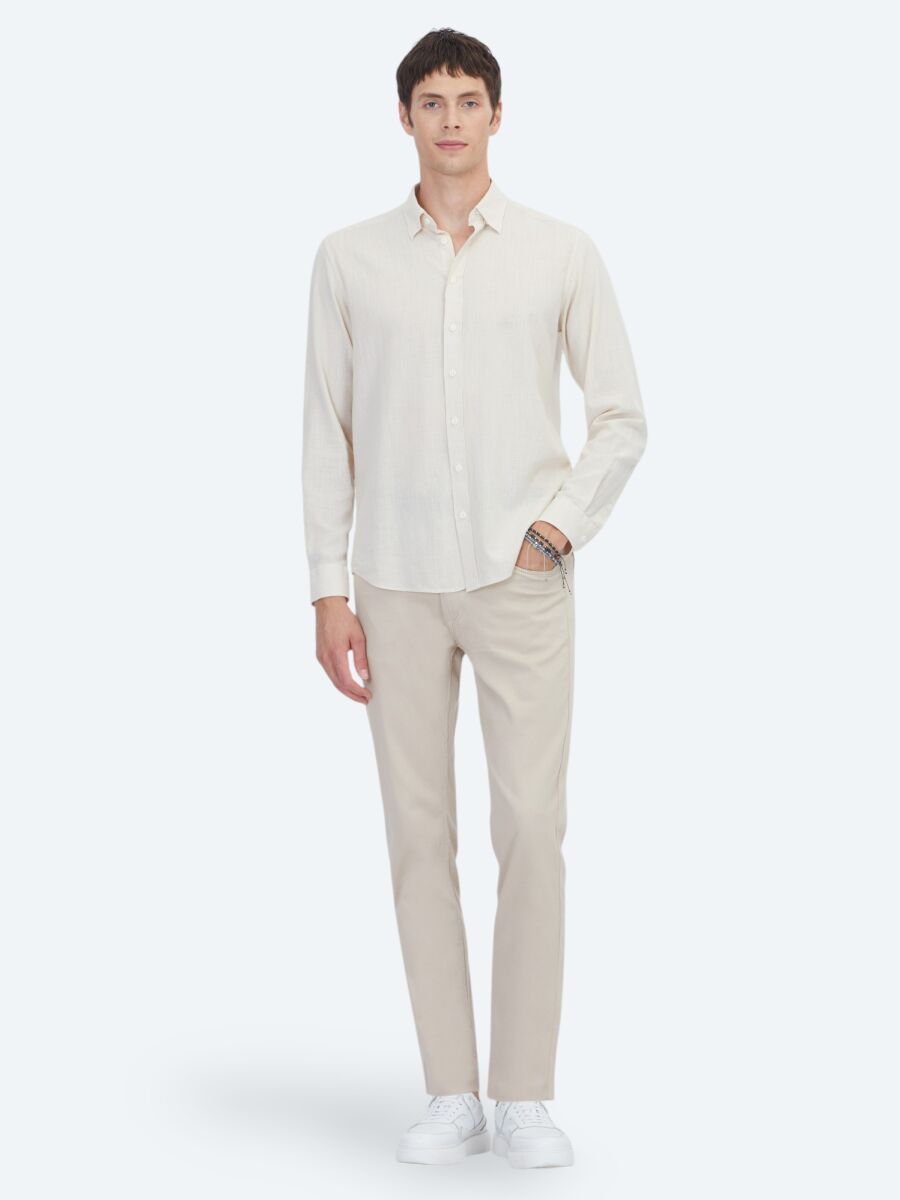 Bej Düz Regular Fit Dokuma Casual %100 Pamuk Gömlek - 2