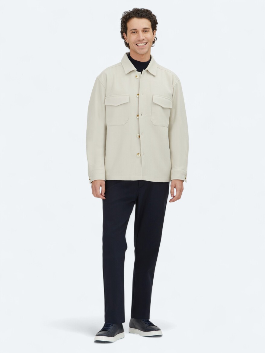 Bej Düz Regular Fit Dokuma Overshırt - KİP