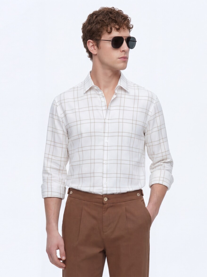 Bej Kareli Regular Fit Dokuma Casual Gömlek - 3