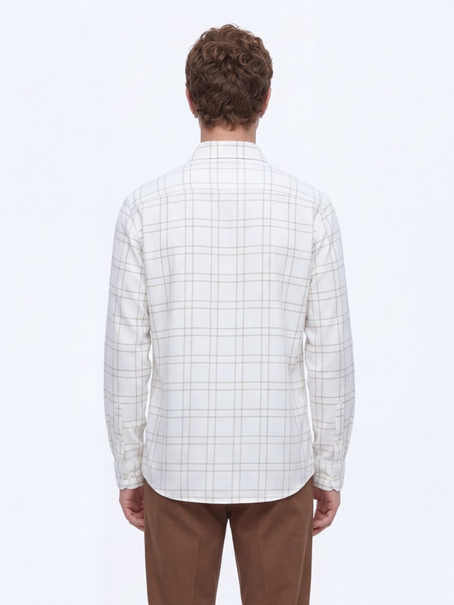 Bej Kareli Regular Fit Dokuma Casual Gömlek - 5