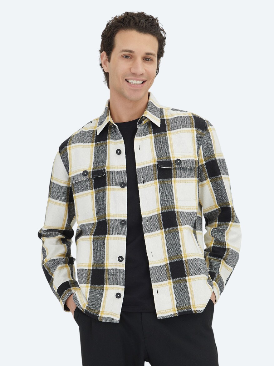 Bej Kareli Regular Fit Dokuma Yün Karışımlı Overshırt - KİP