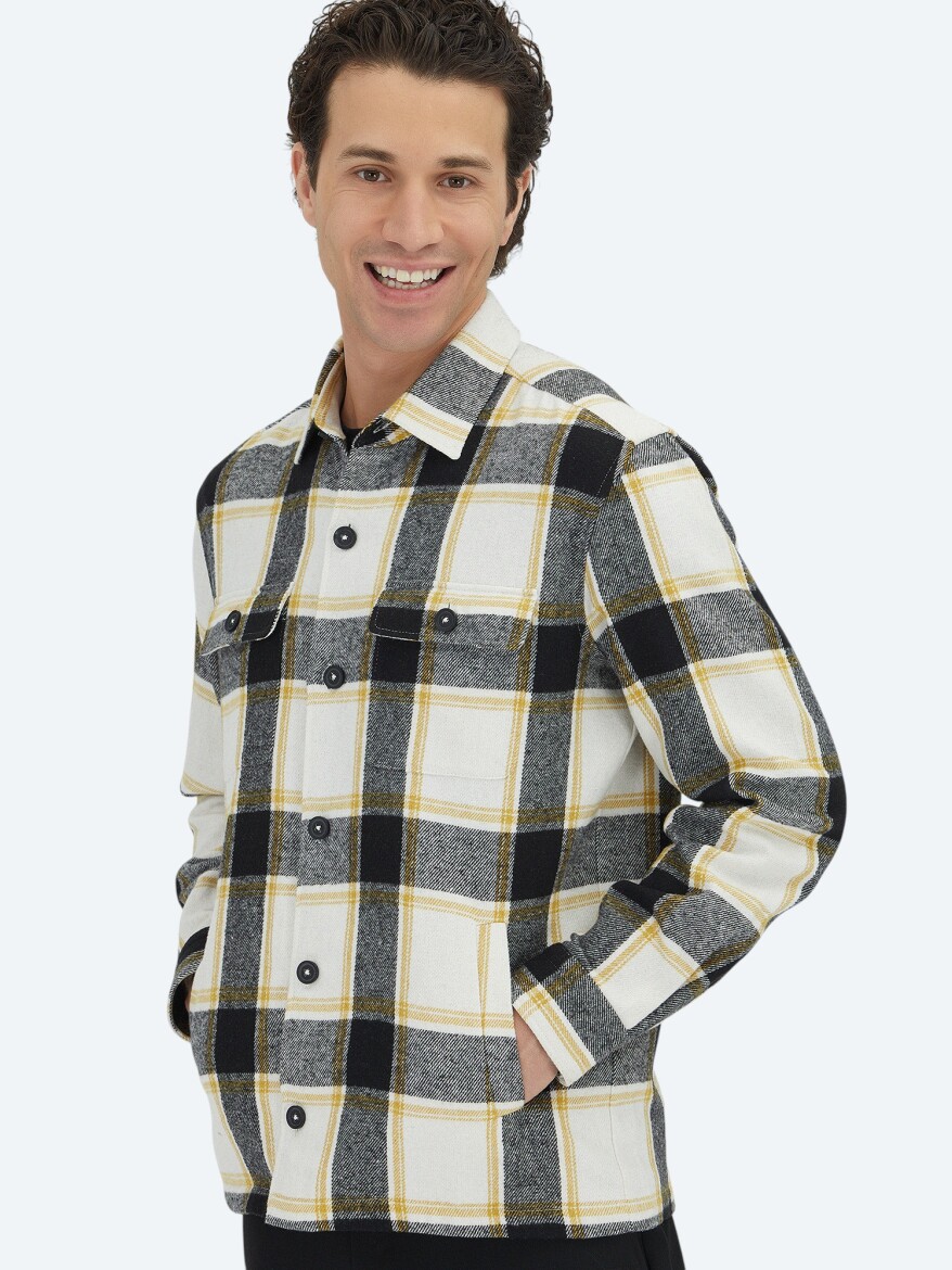 Bej Kareli Regular Fit Dokuma Yün Karışımlı Overshırt - KİP